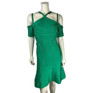Herve Leger Green Chantelle Bandage Dress M Cutout Cold Shoulder Flare Medium